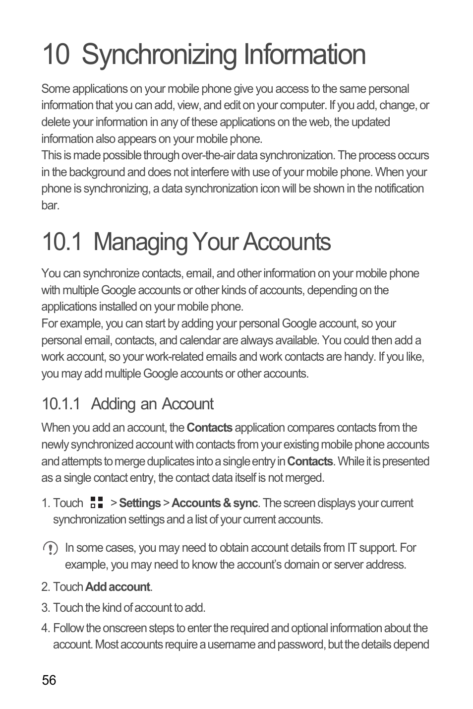 10 synchronizing information, 1 managing your accounts, 1 adding an account | Huawei M886 Radio Shack User Manual | Page 60 / 86