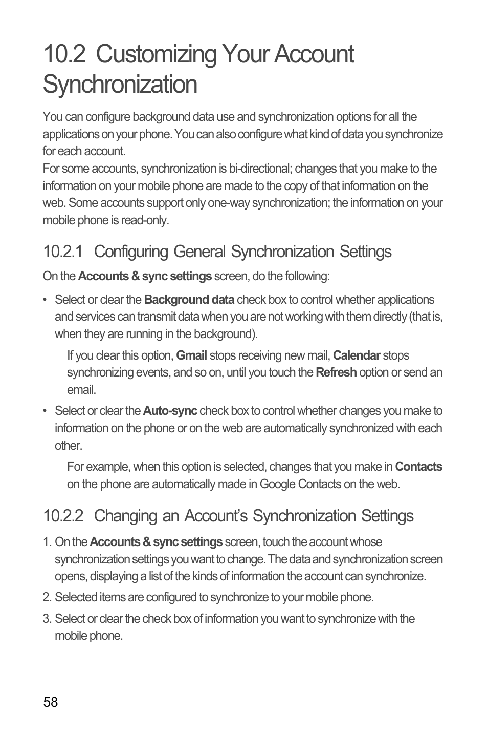 2 customizing your account synchronization, 1 configuring general synchronization settings, 2 changing an account’s synchronization settings | Huawei M886 Radio Shack User Manual | Page 62 / 86