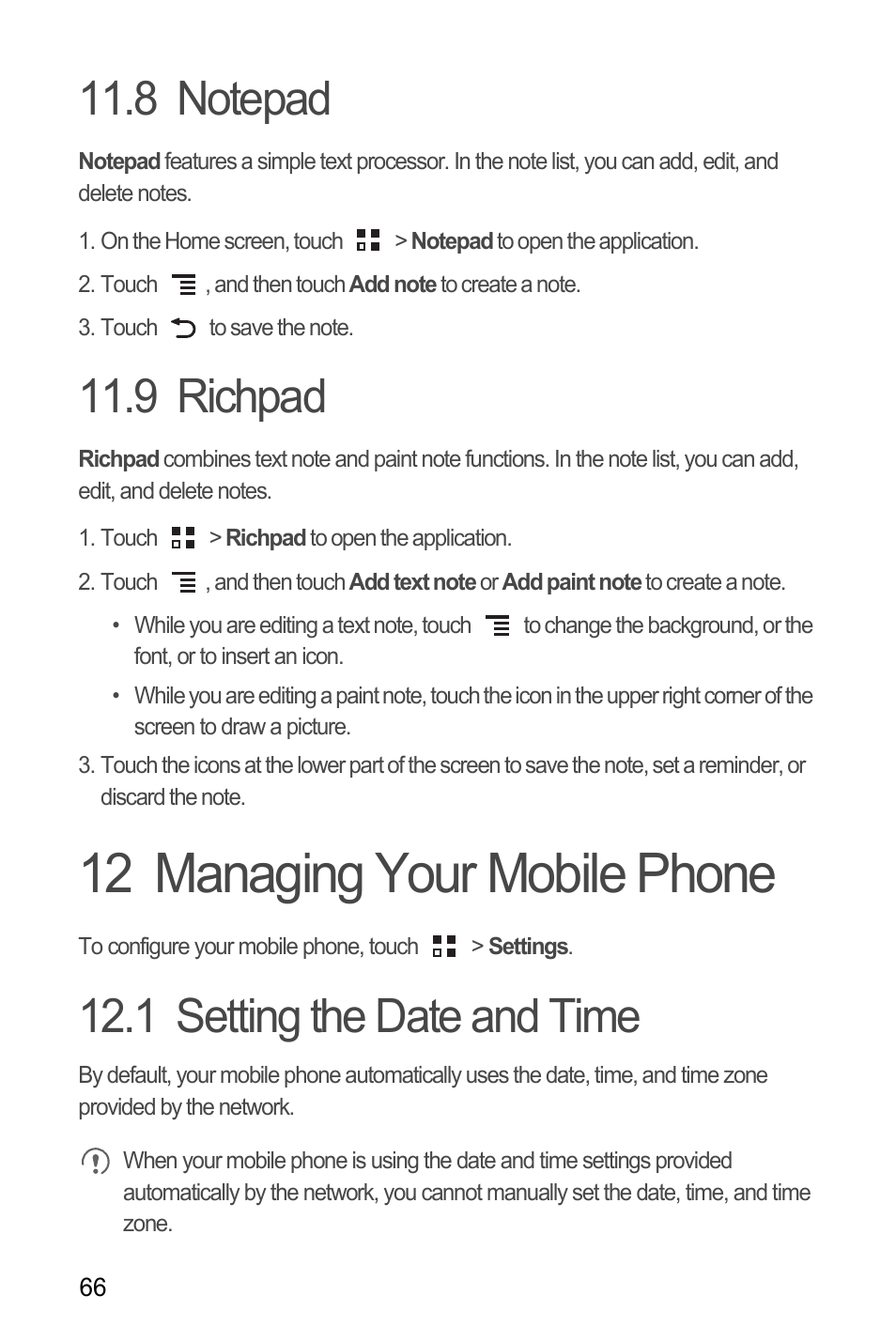 8 notepad, 9 richpad, 12 managing your mobile phone | 1 setting the date and time, 8 notepad 11.9 richpad | Huawei M886 Radio Shack User Manual | Page 70 / 86