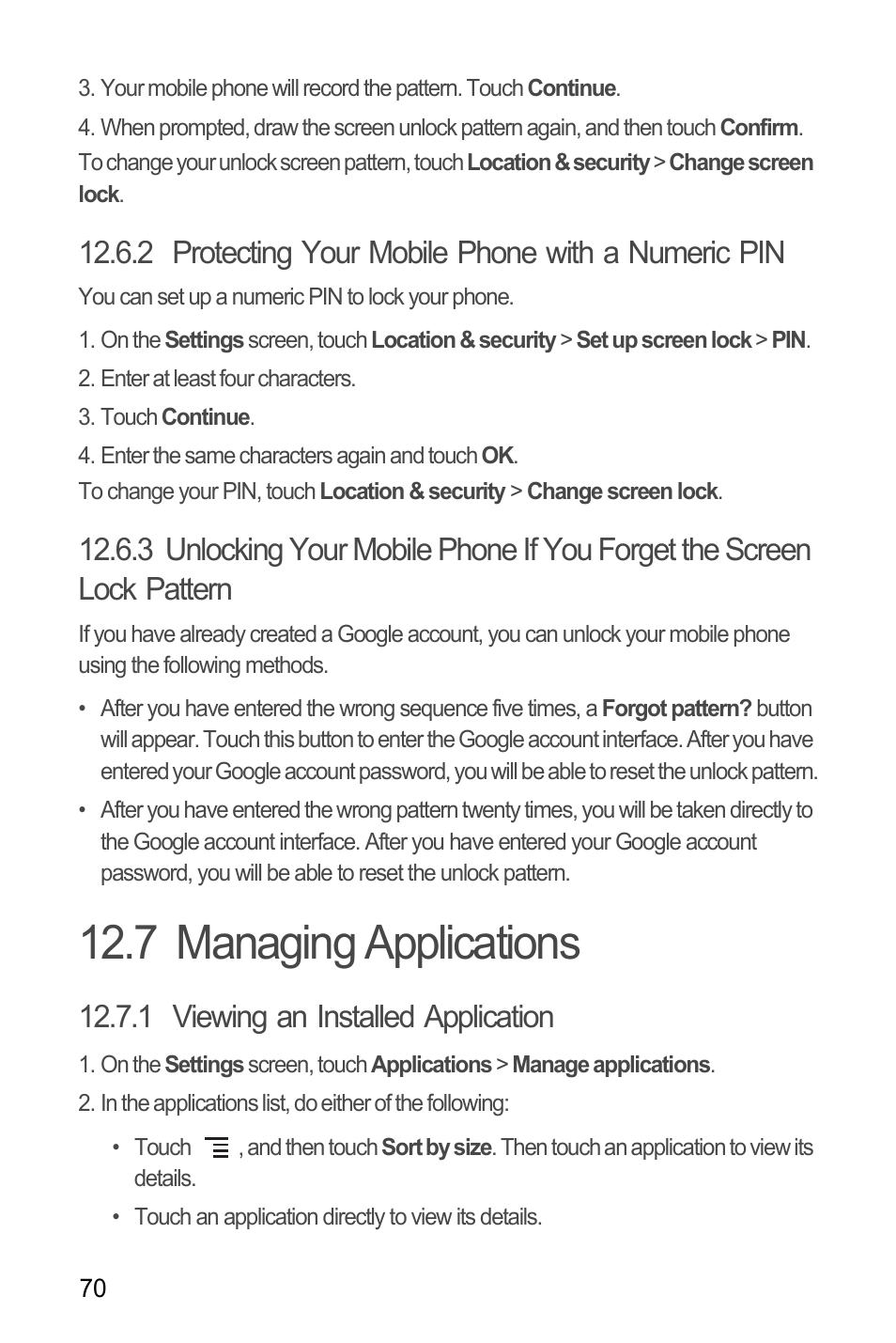 2 protecting your mobile phone with a numeric pin, 7 managing applications, 1 viewing an installed application | Huawei M886 Radio Shack User Manual | Page 74 / 86