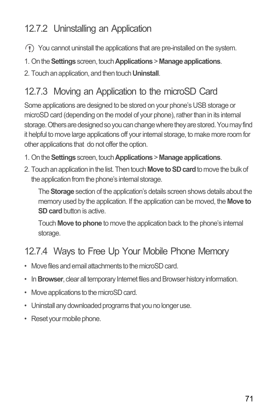 2 uninstalling an application, 3 moving an application to the microsd card, 4 ways to free up your mobile phone memory | Huawei M886 Radio Shack User Manual | Page 75 / 86