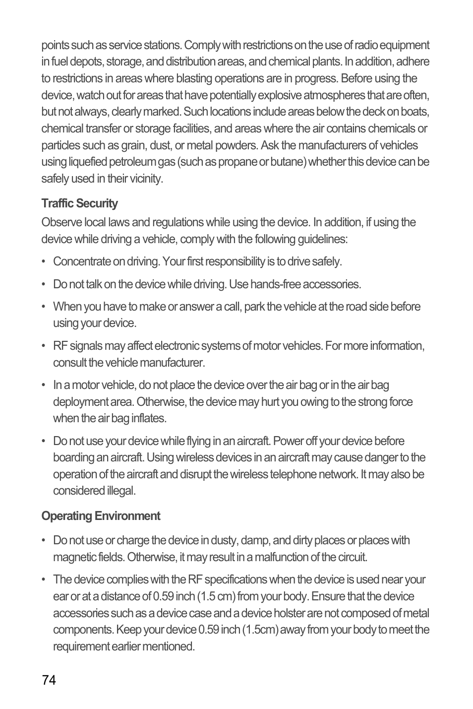 Traffic security, Operating environment | Huawei M886 Radio Shack User Manual | Page 78 / 86