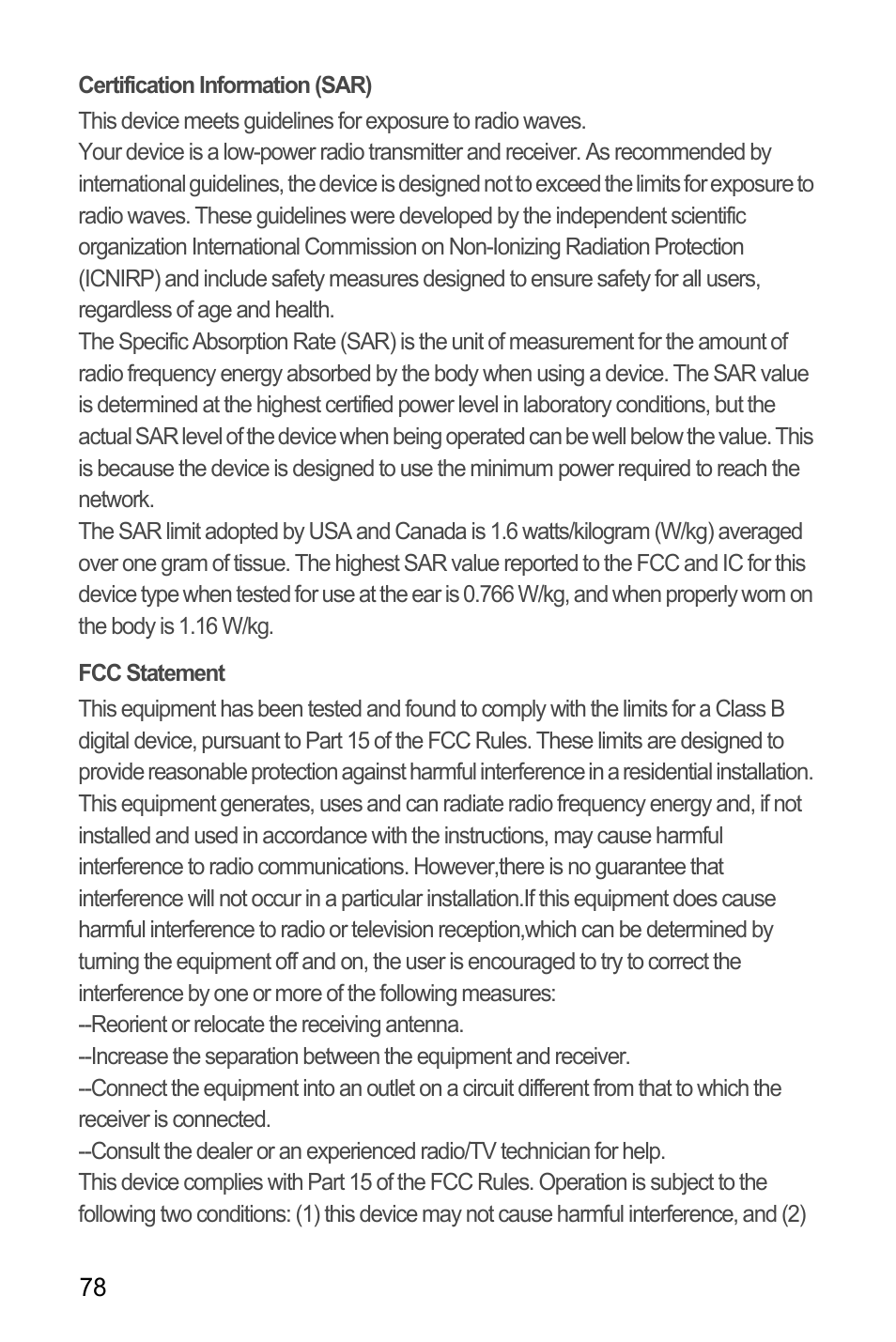 Certification information (sar), Fcc statement | Huawei M886 Radio Shack User Manual | Page 82 / 86