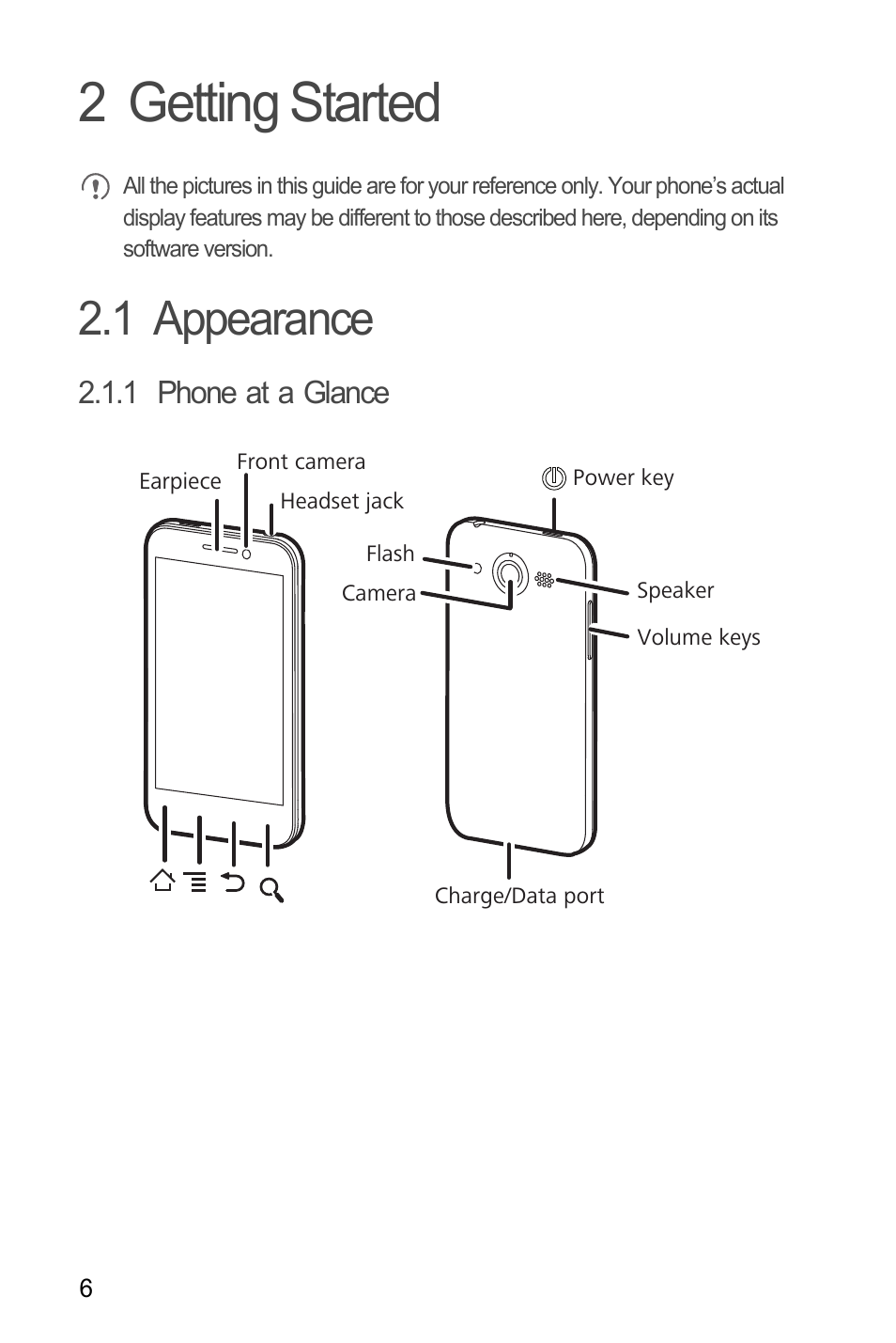 2 getting started, 1 appearance, 1 phone at a glance | Huawei M886 FlatWireless User Manual | Page 10 / 77