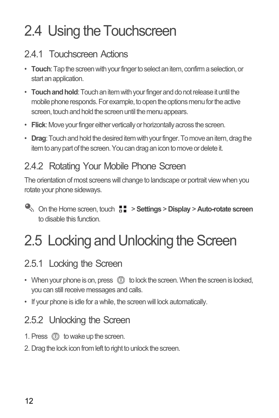 4 using the touchscreen, 1 touchscreen actions, 2 rotating your mobile phone screen | 5 locking and unlocking the screen, 1 locking the screen, 2 unlocking the screen | Huawei M886 FlatWireless User Manual | Page 16 / 77