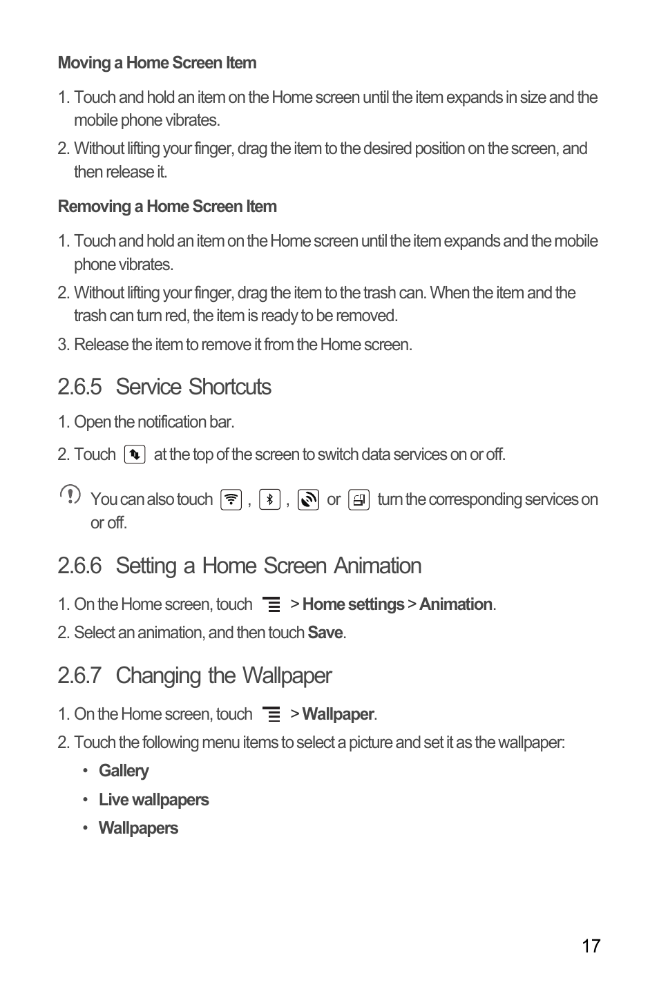 Moving a home screen item, Removing a home screen item, 5 service shortcuts | 6 setting a home screen animation, 7 changing the wallpaper | Huawei M886 FlatWireless User Manual | Page 21 / 77