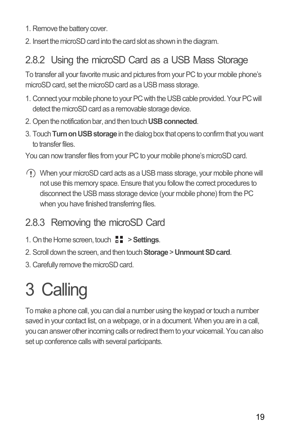 2 using the microsd card as a usb mass storage, 3 removing the microsd card, 3 calling | Huawei M886 FlatWireless User Manual | Page 23 / 77