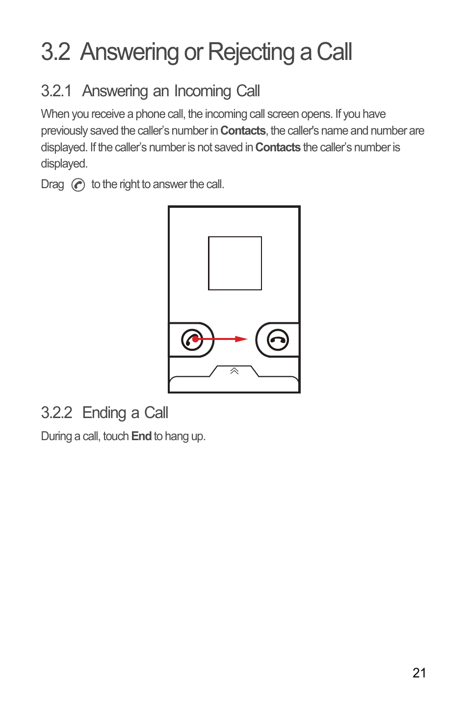 2 answering or rejecting a call, 1 answering an incoming call, 2 ending a call | Huawei M886 FlatWireless User Manual | Page 25 / 77