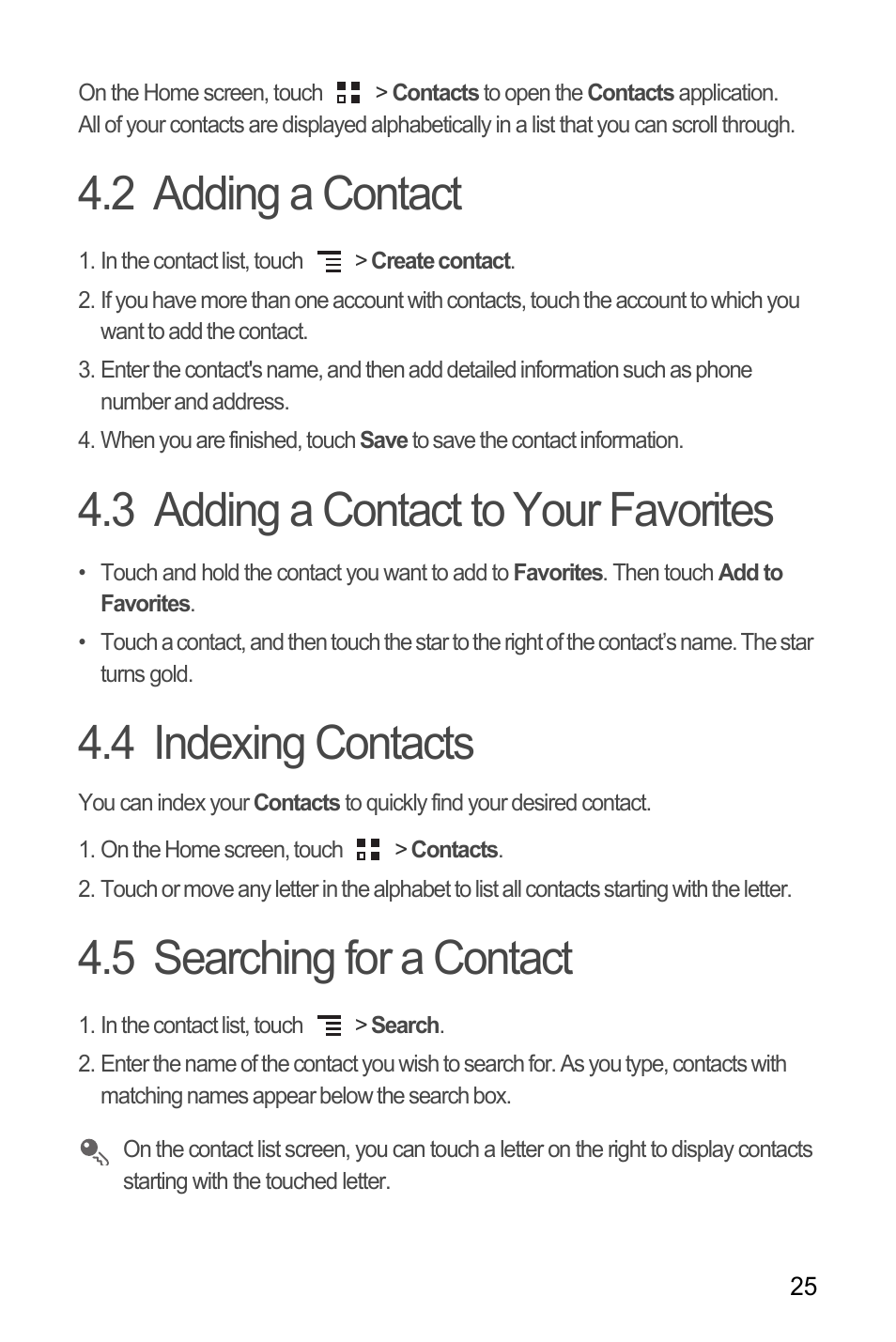 2 adding a contact, 3 adding a contact to your favorites, 4 indexing contacts | 5 searching for a contact | Huawei M886 FlatWireless User Manual | Page 29 / 77