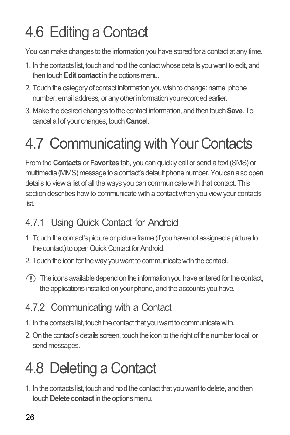 6 editing a contact, 7 communicating with your contacts, 1 using quick contact for android | 2 communicating with a contact, 8 deleting a contact, Communicating with your contacts | Huawei M886 FlatWireless User Manual | Page 30 / 77
