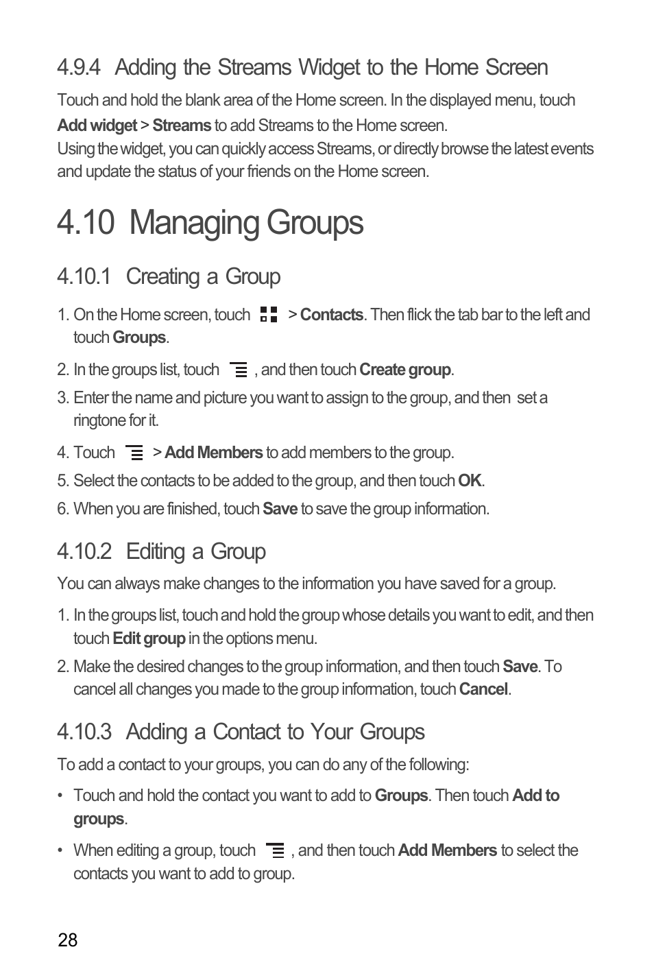 4 adding the streams widget to the home screen, 10 managing groups, 1 creating a group | 2 editing a group, 3 adding a contact to your groups | Huawei M886 FlatWireless User Manual | Page 32 / 77