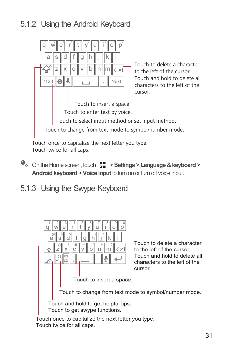 2 using the android keyboard, 3 using the swype keyboard | Huawei M886 FlatWireless User Manual | Page 35 / 77