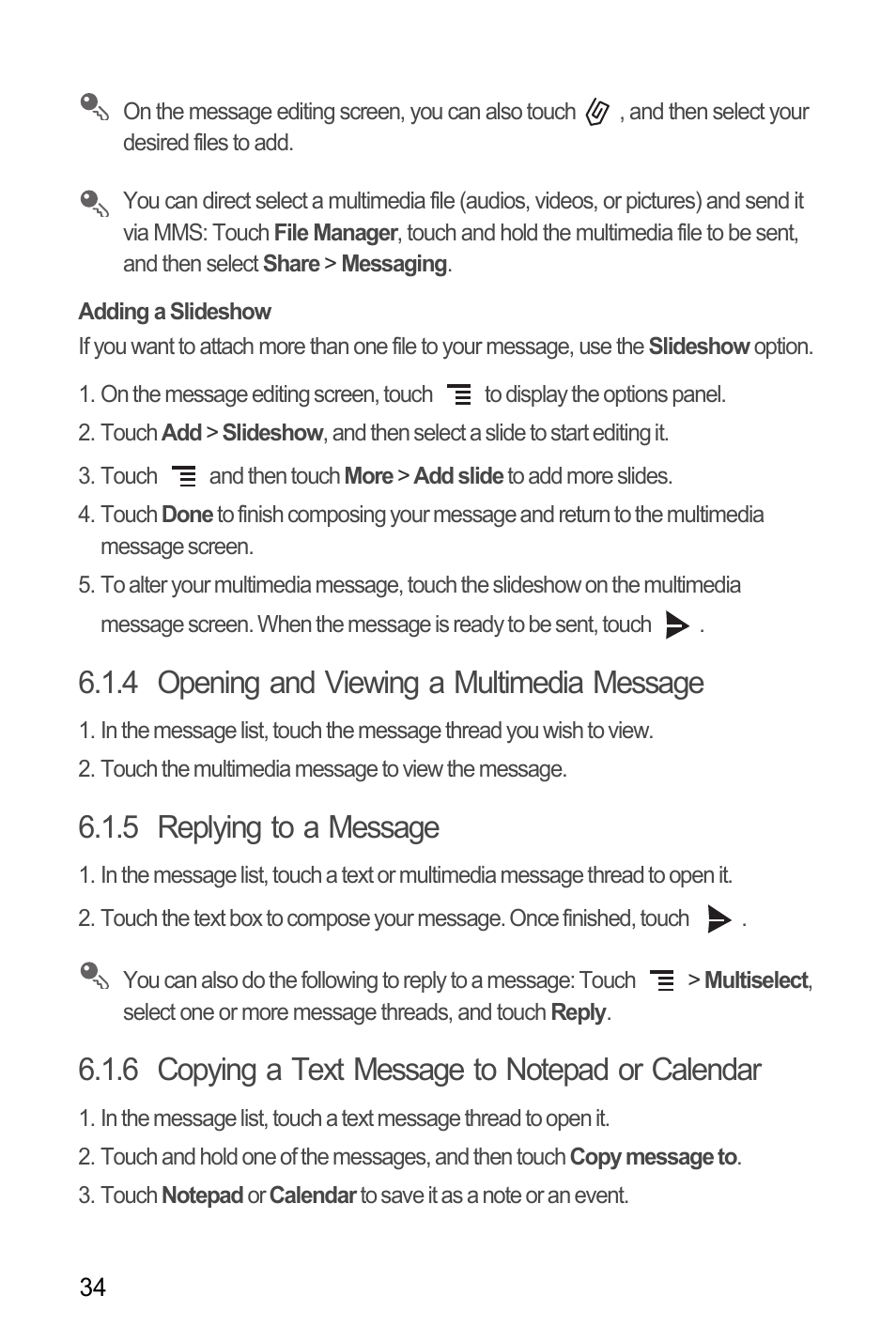 Adding a slideshow, 4 opening and viewing a multimedia message, 5 replying to a message | 6 copying a text message to notepad or calendar | Huawei M886 FlatWireless User Manual | Page 38 / 77