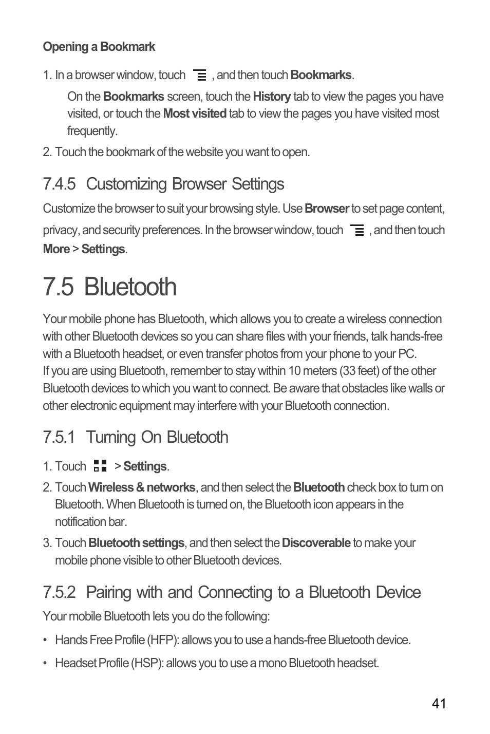 Opening a bookmark, 5 customizing browser settings, 5 bluetooth | 1 turning on bluetooth | Huawei M886 FlatWireless User Manual | Page 45 / 77