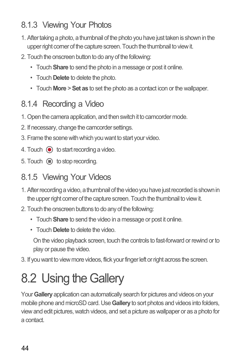 3 viewing your photos, 4 recording a video, 5 viewing your videos | 2 using the gallery | Huawei M886 FlatWireless User Manual | Page 48 / 77