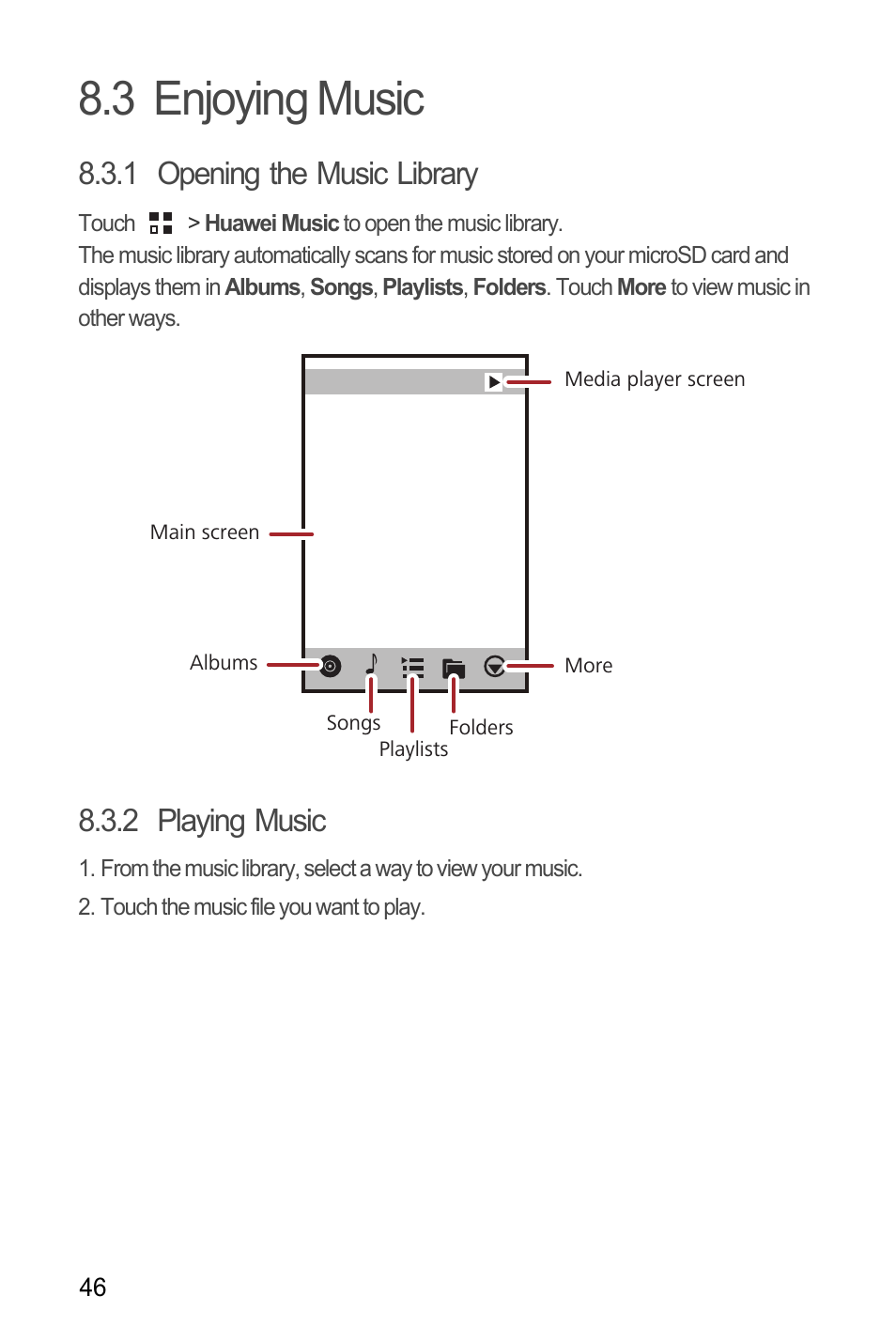 3 enjoying music, 1 opening the music library, 2 playing music | Huawei M886 FlatWireless User Manual | Page 50 / 77