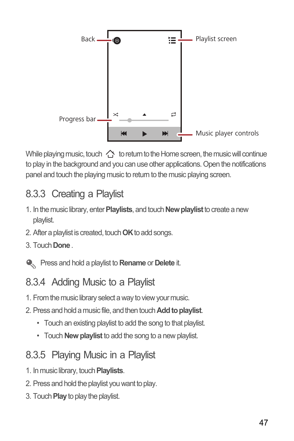 3 creating a playlist, 4 adding music to a playlist, 5 playing music in a playlist | Huawei M886 FlatWireless User Manual | Page 51 / 77