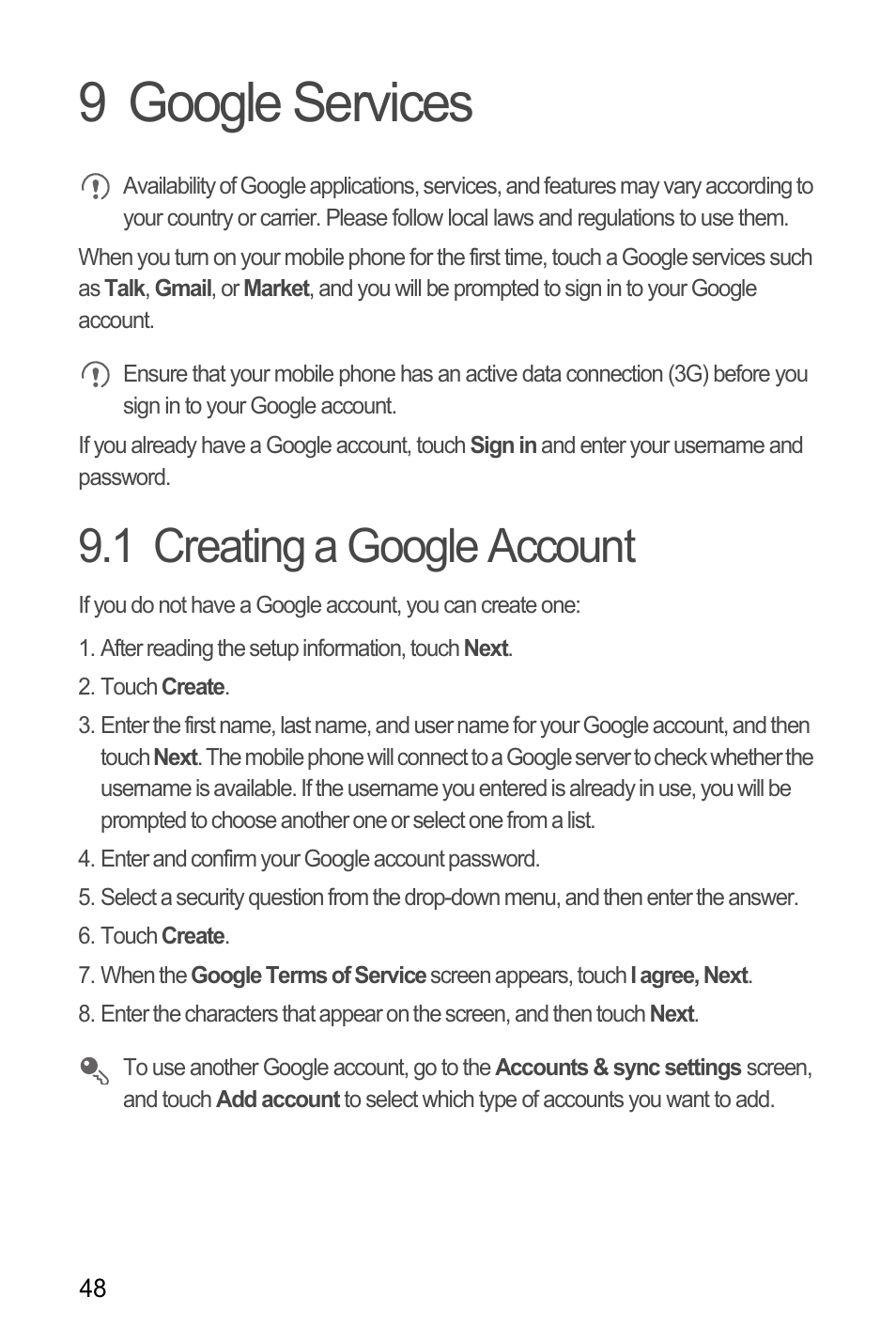 9 google services, 1 creating a google account | Huawei M886 FlatWireless User Manual | Page 52 / 77