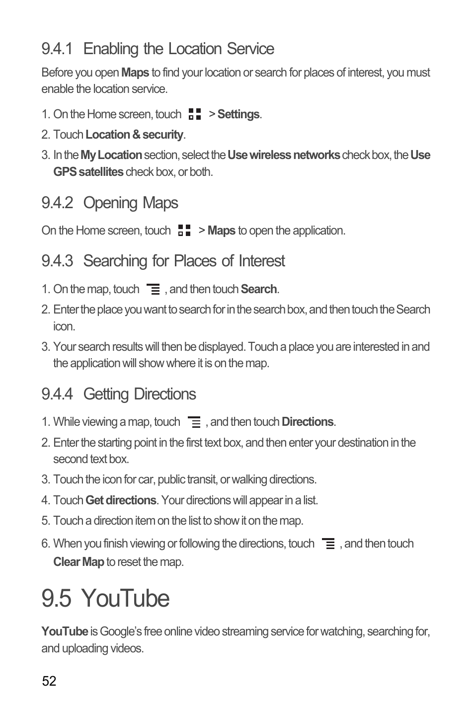 1 enabling the location service, 2 opening maps, 3 searching for places of interest | 4 getting directions, 5 youtube | Huawei M886 FlatWireless User Manual | Page 56 / 77