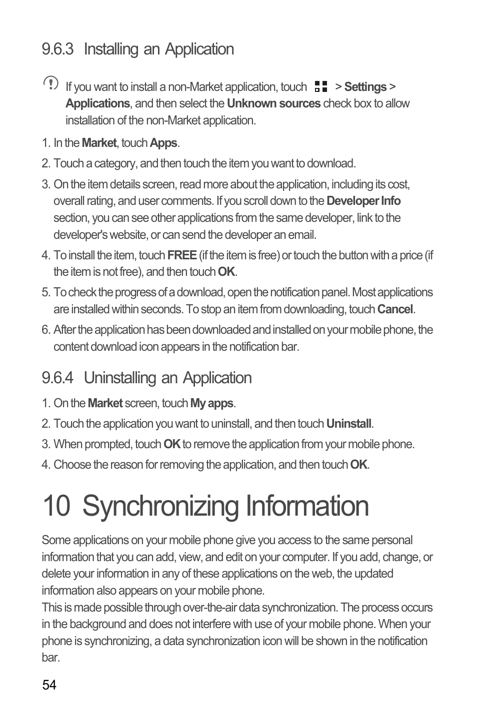 3 installing an application, 4 uninstalling an application, 10 synchronizing information | Synchronizing information | Huawei M886 FlatWireless User Manual | Page 58 / 77