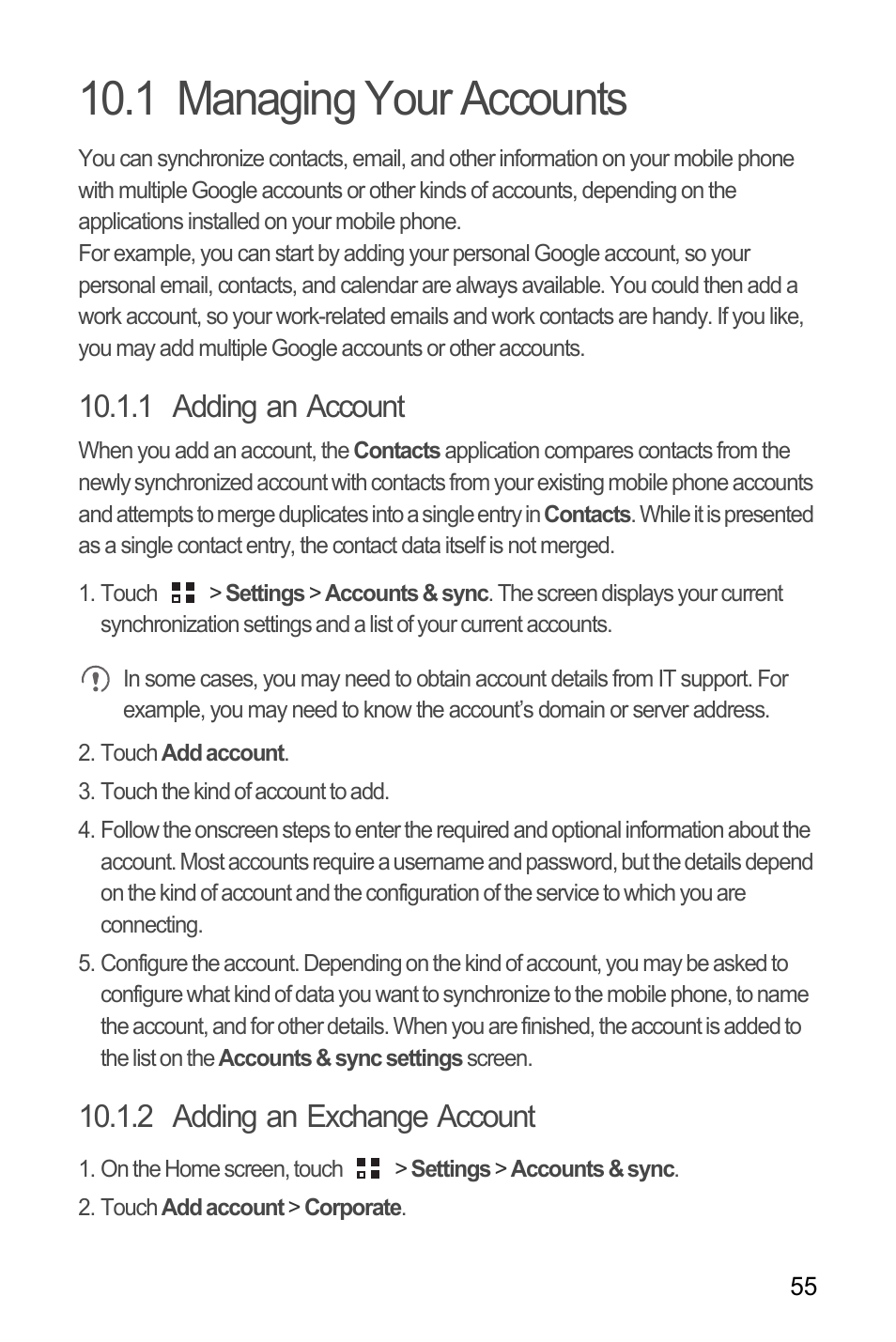 1 managing your accounts, 1 adding an account, 2 adding an exchange account | Huawei M886 FlatWireless User Manual | Page 59 / 77