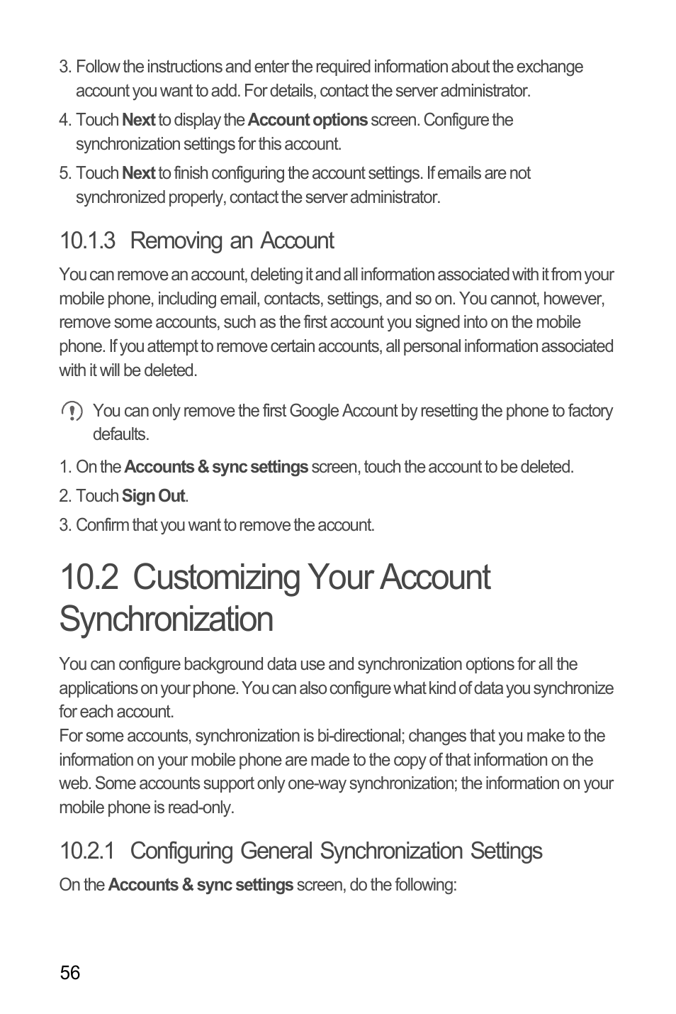 3 removing an account, 2 customizing your account synchronization, 1 configuring general synchronization settings | Huawei M886 FlatWireless User Manual | Page 60 / 77