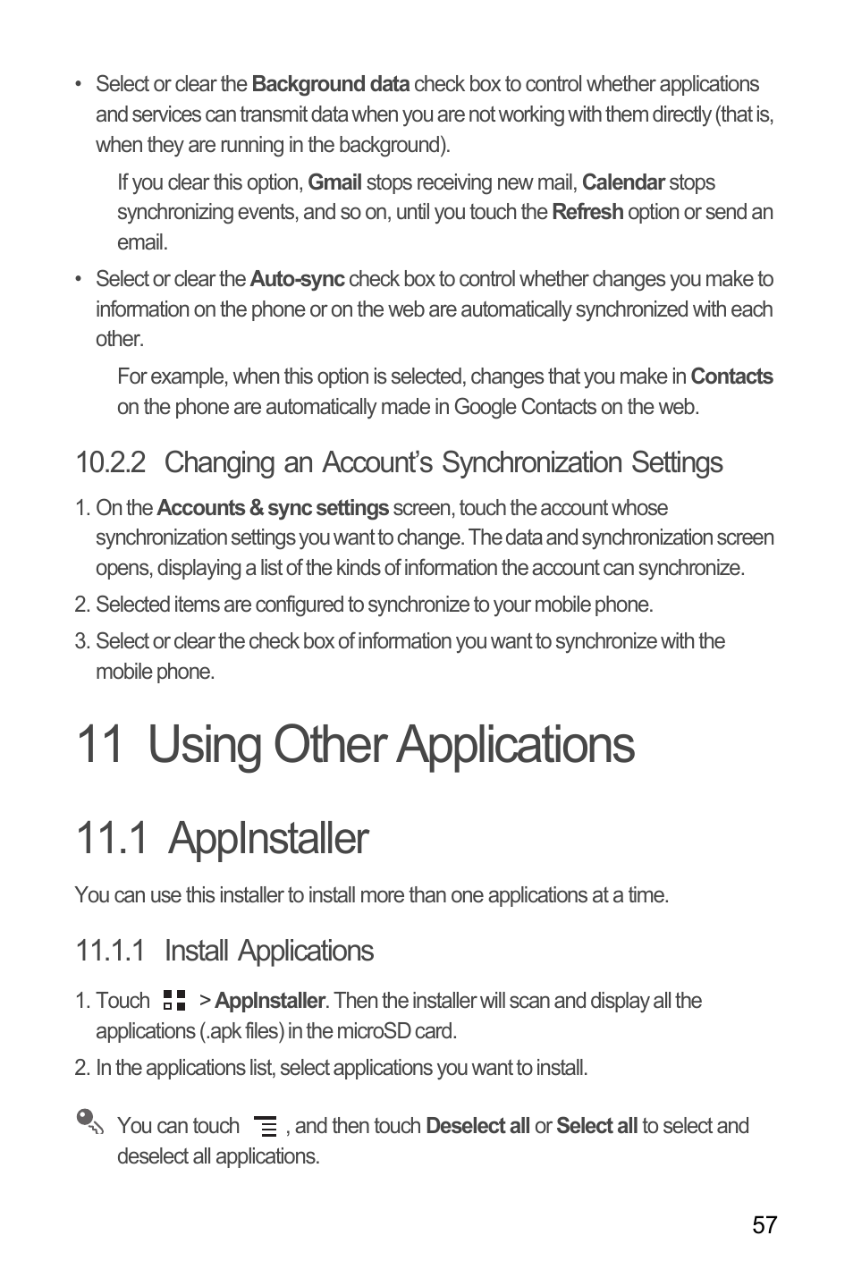 2 changing an account’s synchronization settings, 11 using other applications, 1 appinstaller | 1 install applications | Huawei M886 FlatWireless User Manual | Page 61 / 77