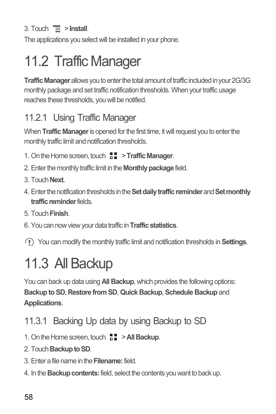 2 traffic manager, 1 using traffic manager, 3 all backup | 1 backing up data by using backup to sd, 2 traffic manager 11.3 all backup | Huawei M886 FlatWireless User Manual | Page 62 / 77