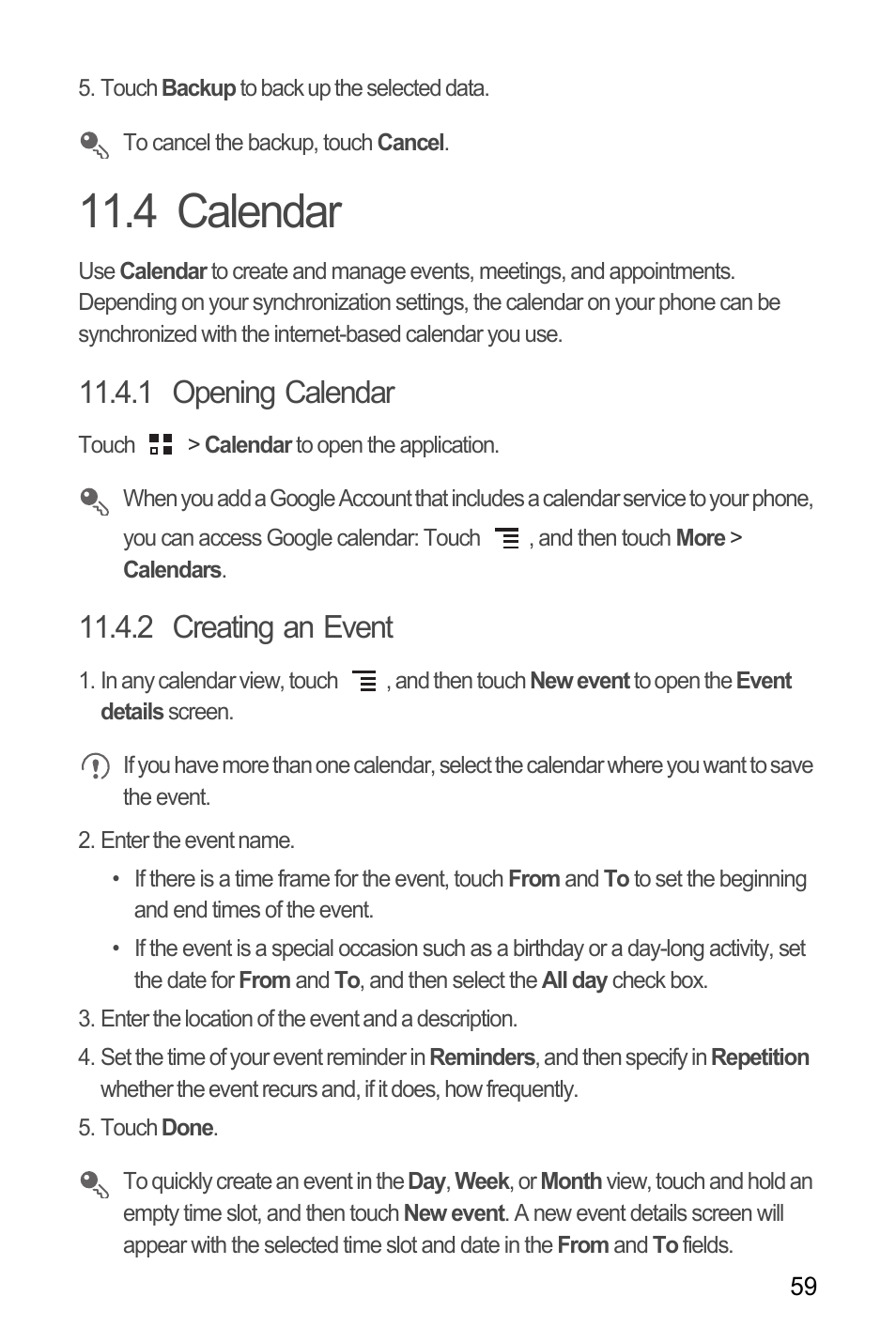 4 calendar, 1 opening calendar, 2 creating an event | Huawei M886 FlatWireless User Manual | Page 63 / 77