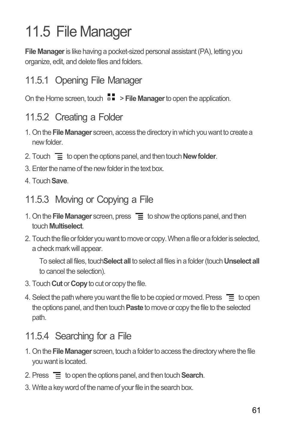 5 file manager, 1 opening file manager, 2 creating a folder | 3 moving or copying a file, 4 searching for a file | Huawei M886 FlatWireless User Manual | Page 65 / 77