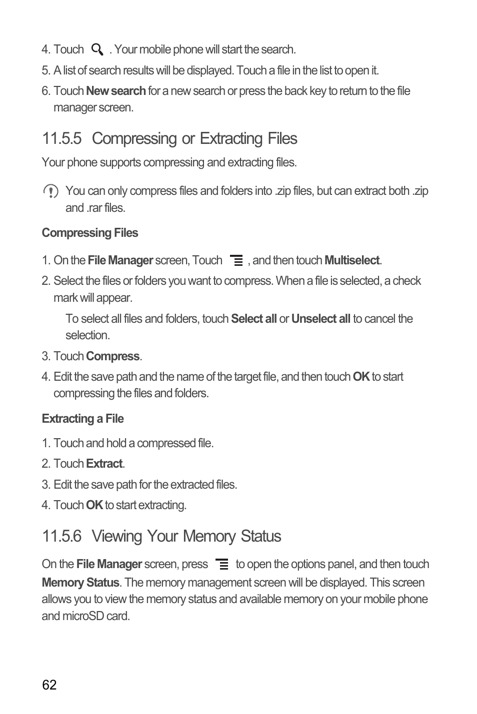 5 compressing or extracting files, Compressing files, Extracting a file | 6 viewing your memory status | Huawei M886 FlatWireless User Manual | Page 66 / 77