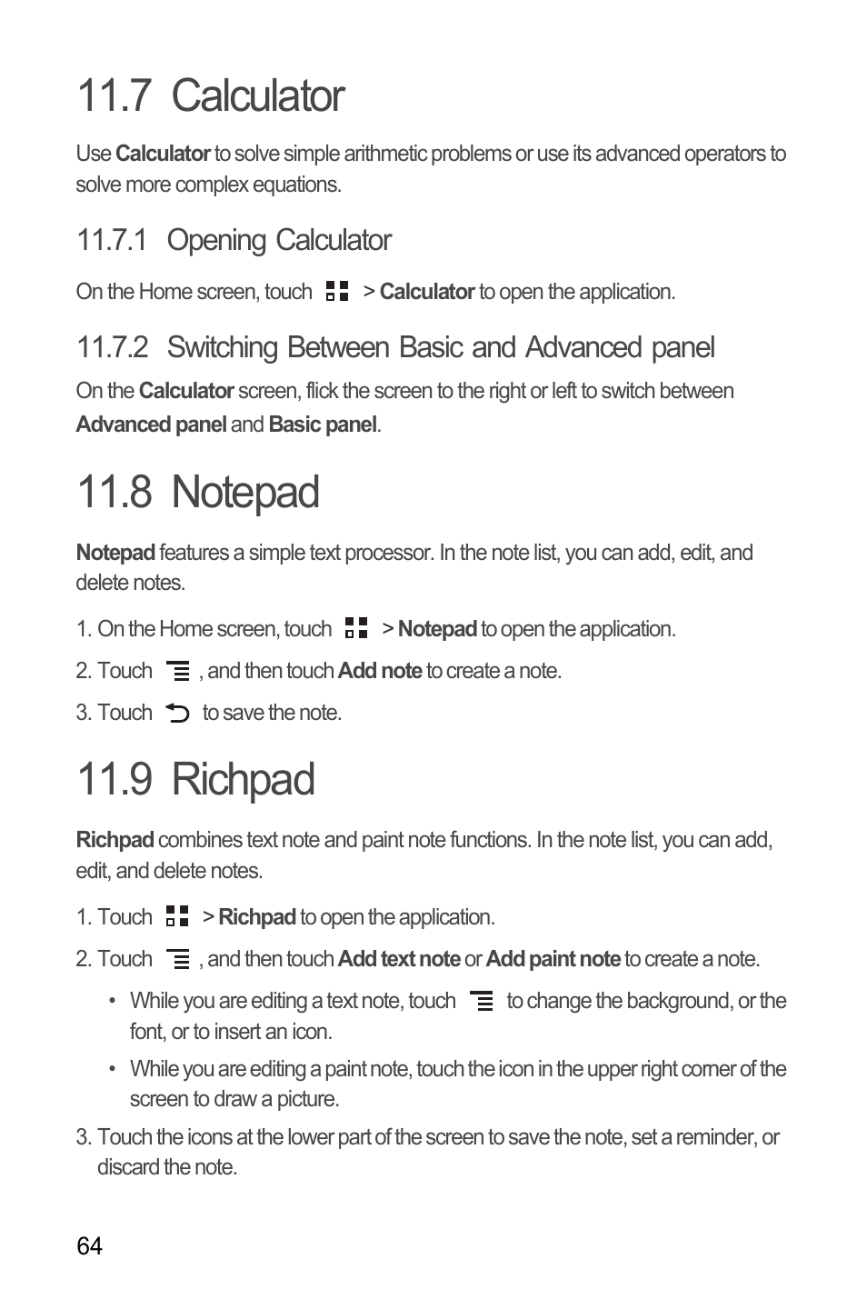 7 calculator, 1 opening calculator, 2 switching between basic and advanced panel | 8 notepad, 9 richpad, 7 calculator 11.8 notepad 11.9 richpad | Huawei M886 FlatWireless User Manual | Page 68 / 77