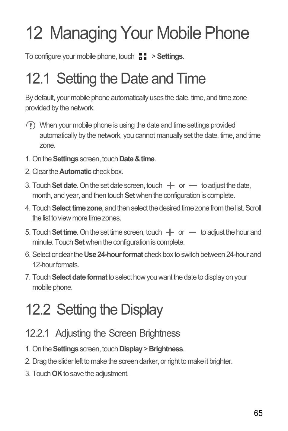 12 managing your mobile phone, 1 setting the date and time, 2 setting the display | 1 adjusting the screen brightness | Huawei M886 FlatWireless User Manual | Page 69 / 77