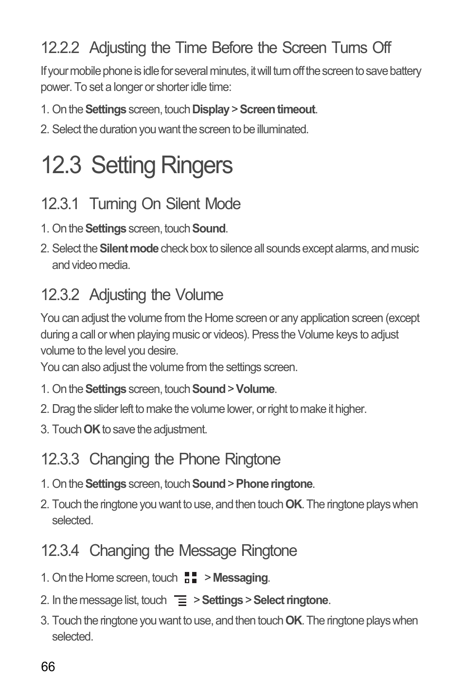 2 adjusting the time before the screen turns off, 3 setting ringers, 1 turning on silent mode | 2 adjusting the volume, 3 changing the phone ringtone, 4 changing the message ringtone | Huawei M886 FlatWireless User Manual | Page 70 / 77