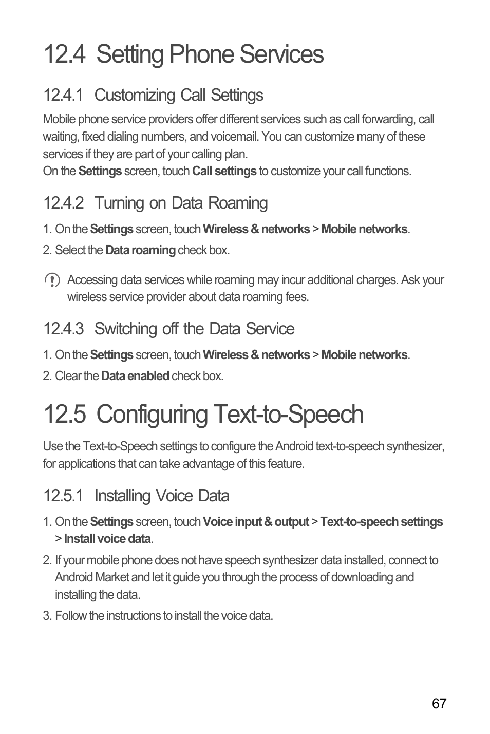 4 setting phone services, 1 customizing call settings, 2 turning on data roaming | 3 switching off the data service, 5 configuring text-to-speech, 1 installing voice data | Huawei M886 FlatWireless User Manual | Page 71 / 77