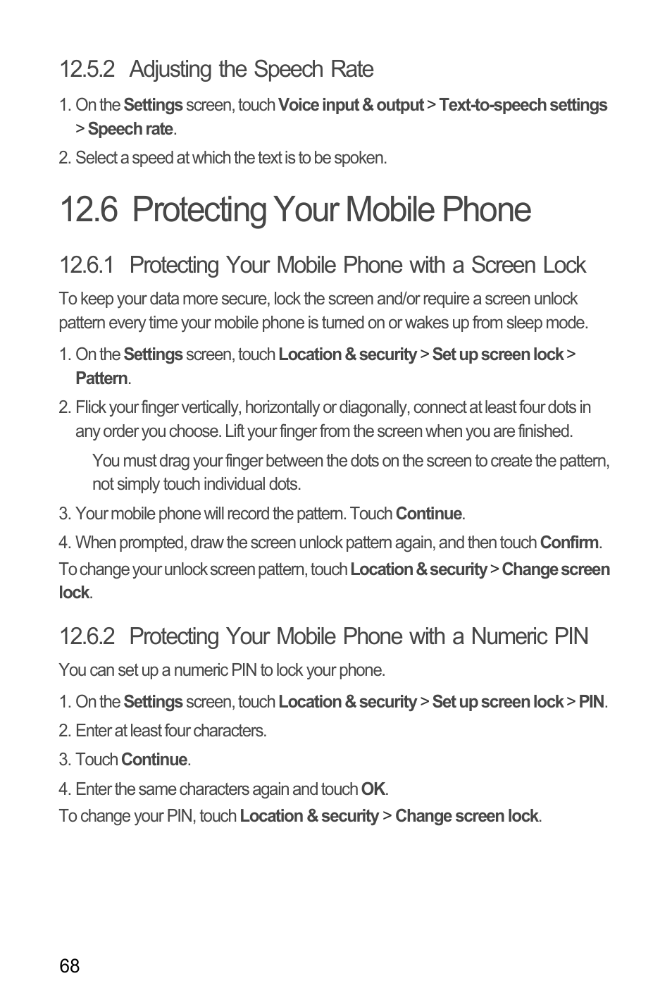 2 adjusting the speech rate, 6 protecting your mobile phone, 1 protecting your mobile phone with a screen lock | 2 protecting your mobile phone with a numeric pin | Huawei M886 FlatWireless User Manual | Page 72 / 77