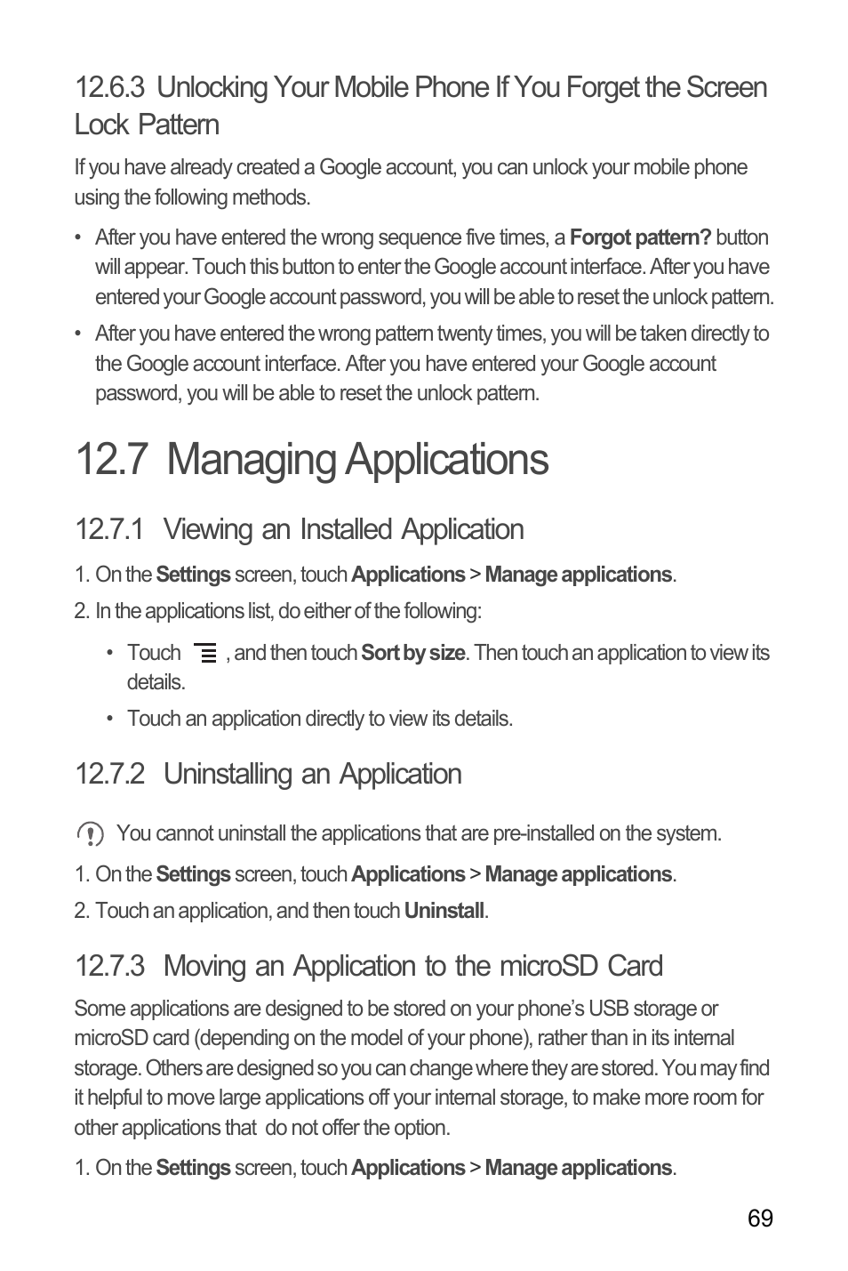 7 managing applications, 1 viewing an installed application, 2 uninstalling an application | 3 moving an application to the microsd card | Huawei M886 FlatWireless User Manual | Page 73 / 77
