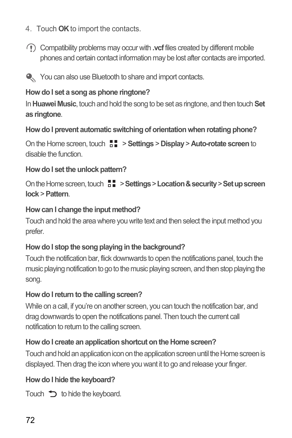 How do i set a song as phone ringtone, How do i set the unlock pattern, How can i change the input method | How do i stop the song playing in the background, How do i return to the calling screen, How do i hide the keyboard | Huawei M886 FlatWireless User Manual | Page 76 / 77