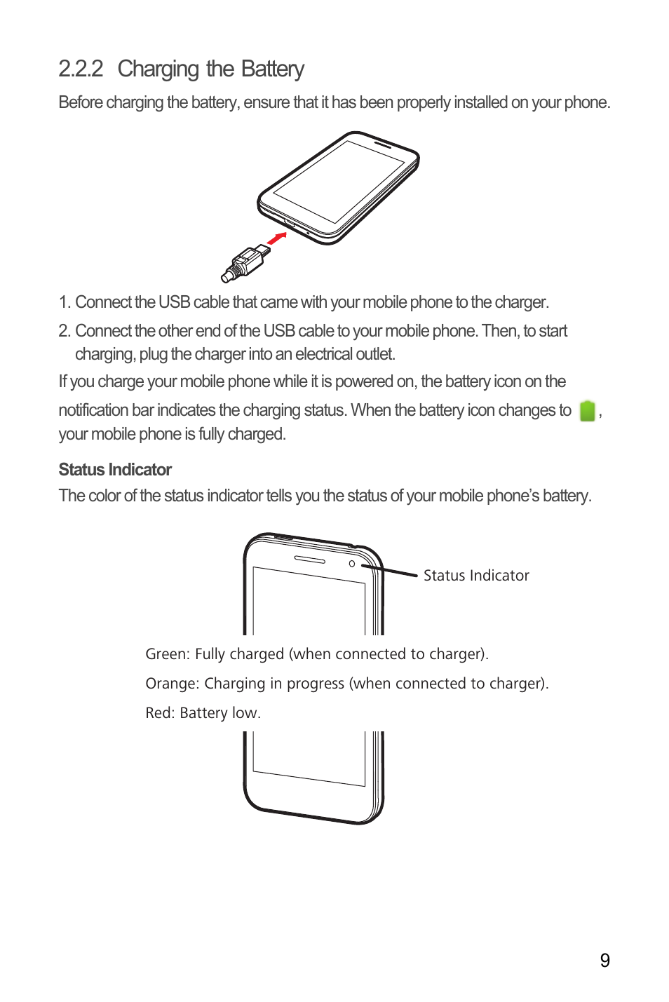 2 charging the battery, Status indicator | Huawei M886 Criket User Manual | Page 13 / 86