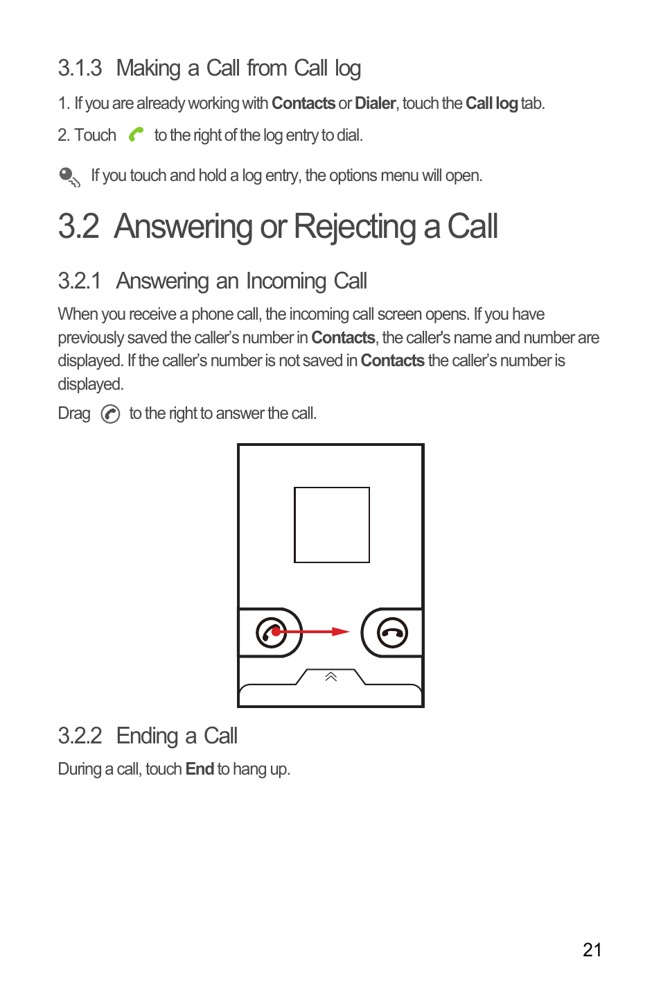 3 making a call from call log, 2 answering or rejecting a call, 1 answering an incoming call | 2 ending a call | Huawei M886 Criket User Manual | Page 25 / 86
