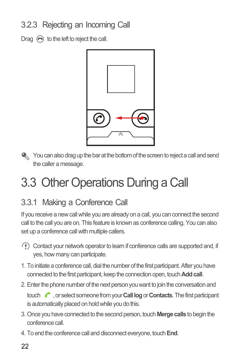 3 rejecting an incoming call, 3 other operations during a call, 1 making a conference call | Huawei M886 Criket User Manual | Page 26 / 86