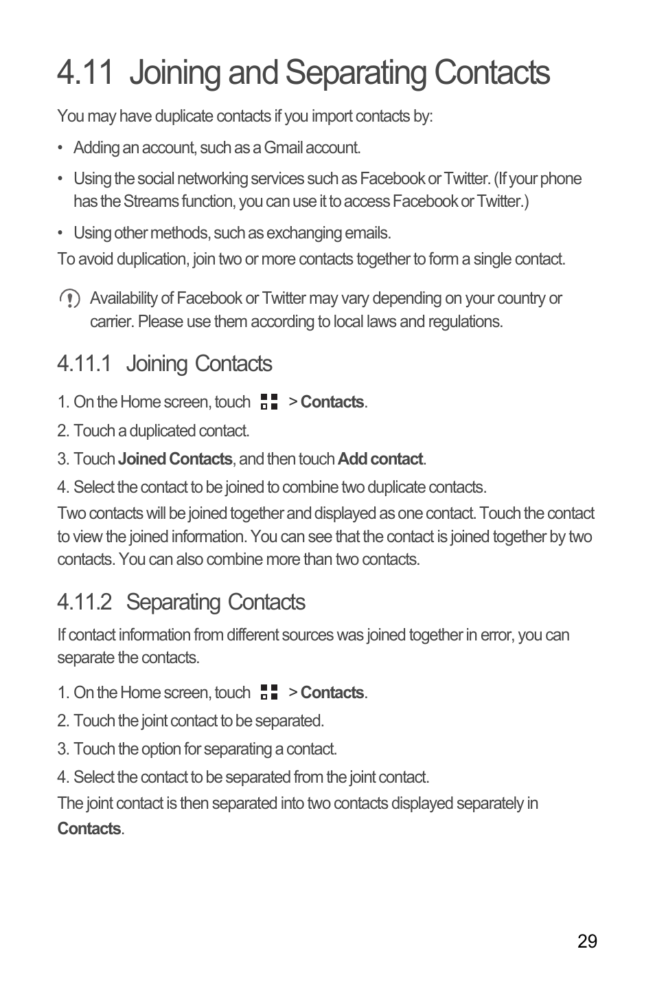11 joining and separating contacts, 1 joining contacts, 2 separating contacts | Huawei M886 Criket User Manual | Page 33 / 86