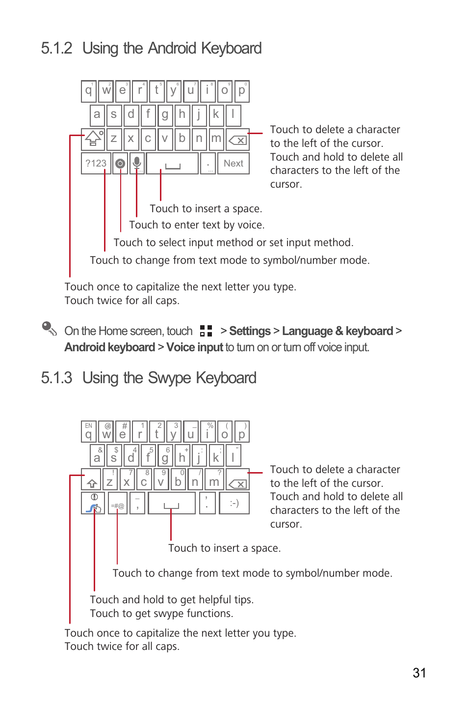 2 using the android keyboard, 3 using the swype keyboard, Q w e | Huawei M886 Criket User Manual | Page 35 / 86