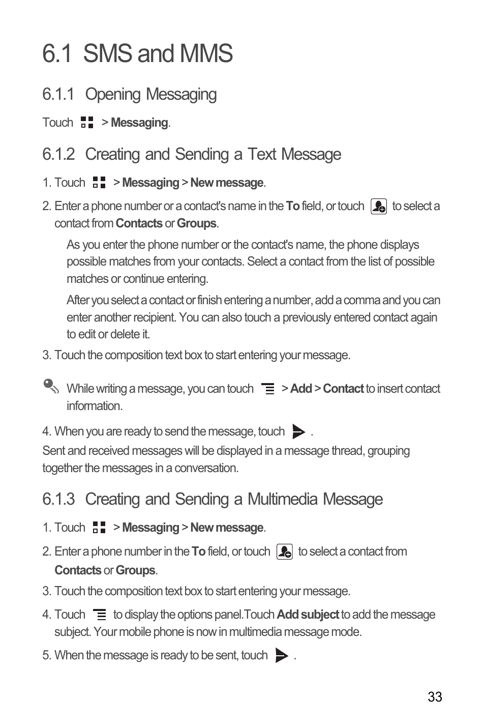 1 sms and mms, 1 opening messaging, 2 creating and sending a text message | 3 creating and sending a multimedia message | Huawei M886 Criket User Manual | Page 37 / 86