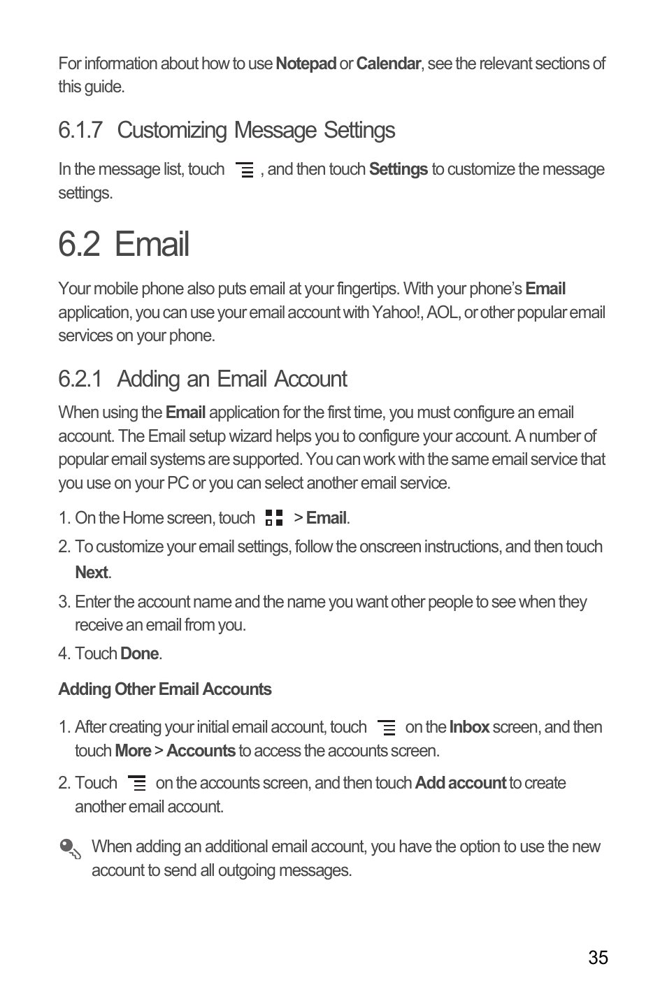 7 customizing message settings, 2 email, 1 adding an email account | Adding other email accounts | Huawei M886 Criket User Manual | Page 39 / 86