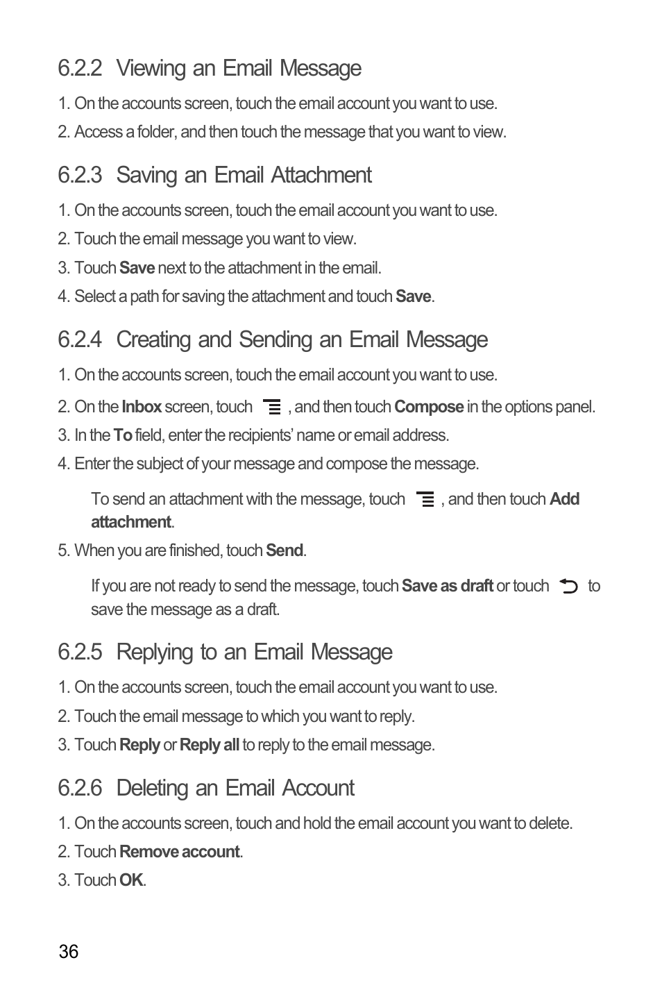 2 viewing an email message, 3 saving an email attachment, 4 creating and sending an email message | 5 replying to an email message, 6 deleting an email account | Huawei M886 Criket User Manual | Page 40 / 86