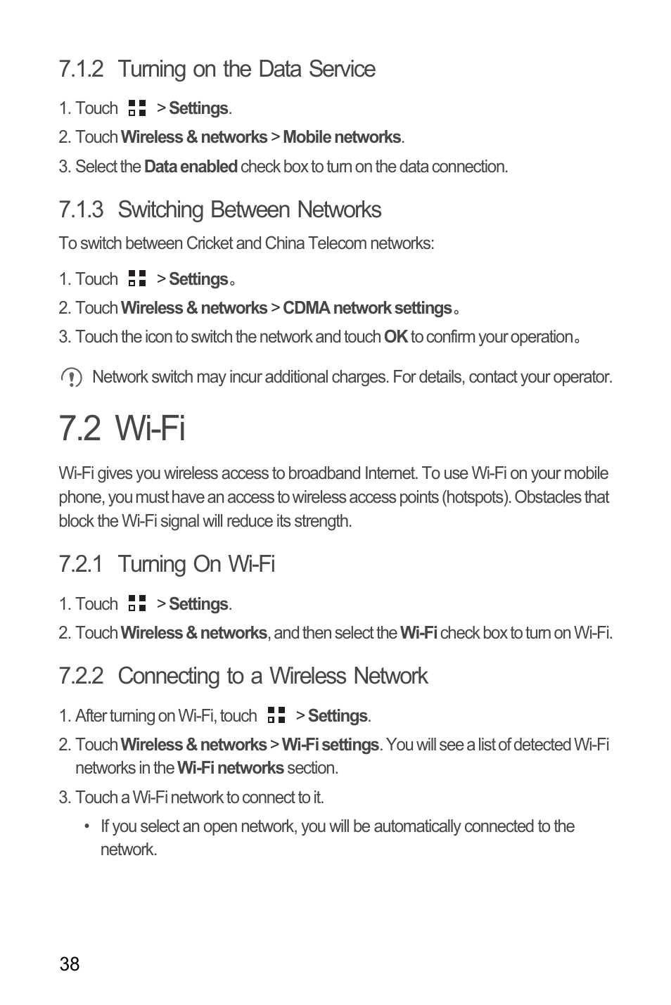 2 turning on the data service, 3 switching between networks, 2 wi-fi | 1 turning on wi-fi, 2 connecting to a wireless network | Huawei M886 Criket User Manual | Page 42 / 86