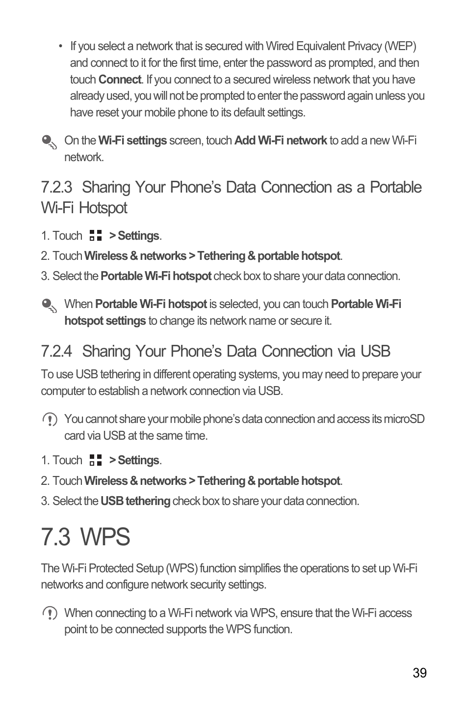 4 sharing your phone’s data connection via usb, 3 wps | Huawei M886 Criket User Manual | Page 43 / 86