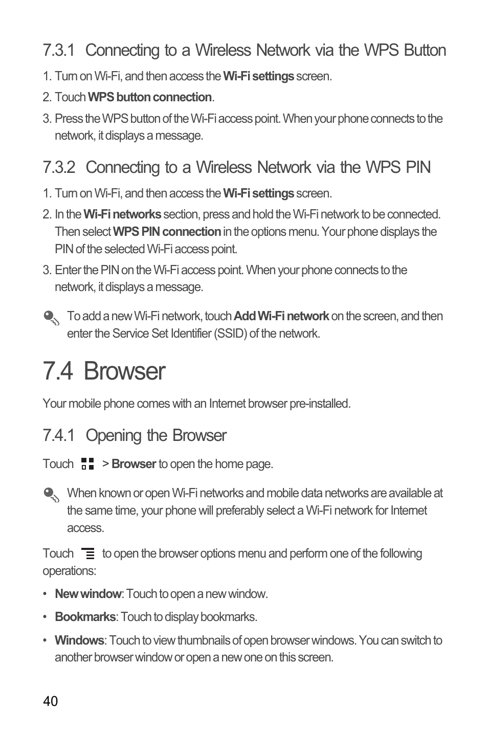 2 connecting to a wireless network via the wps pin, 4 browser, 1 opening the browser | Huawei M886 Criket User Manual | Page 44 / 86