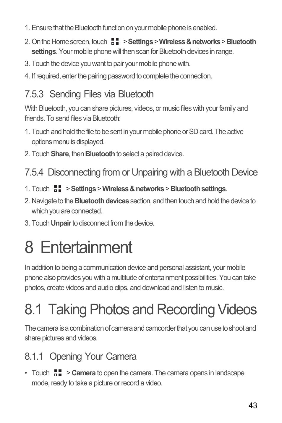 3 sending files via bluetooth, 8 entertainment, 1 taking photos and recording videos | 1 opening your camera | Huawei M886 Criket User Manual | Page 47 / 86